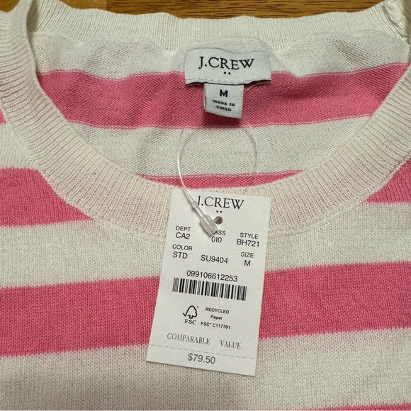 NWT J. Crew Pink White Striped Pullover Sweater ‘Seas The Day’ Size Medium - Picture 3 of 7